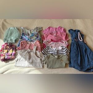 Girls 18-24 Months Mixed Cotton Tops - Pink, White, Green, Black Stripes